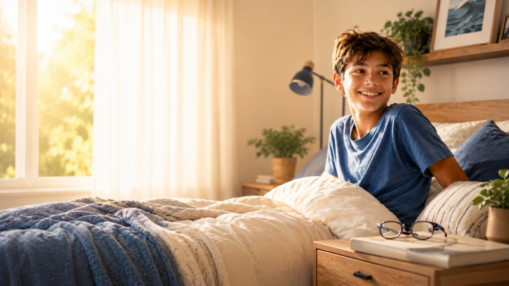 Child waking up with glasses on nightstand after wearing Ortho-K night lenses